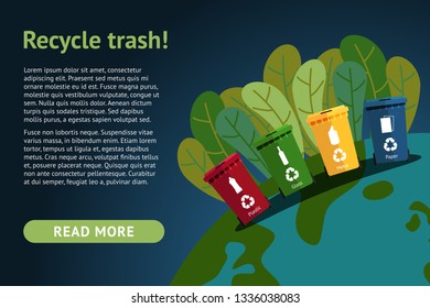 Template for a banner on the site. Containers for separate collection and recycling. Vector flat illustration.