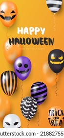 Template banner orange background with 3d balloons with faces. Happy Halloween. Vector Illustration