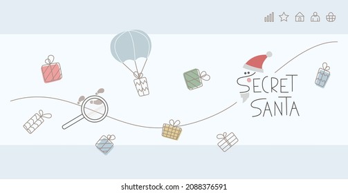 Template of banner, page with simple line vector illustration about Secret Santa event. Gift delivering. 