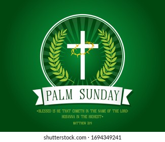 Template banner for Palm Sunday with cross, green palm leaf and text Matthew 21:9. Palm Sunday background and bible lettering. Vector illustration