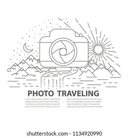 Template banner with photocamera icon adn Mountains, river and forest landscape on white background. Flat line style photo traveling banner. Vector illustration.