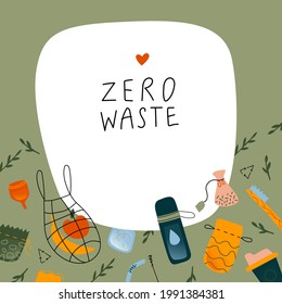 A template banner or post with eco-friendly consumer items. Zero waste. Simple light flat modern illustration. Eco bags, eco bag, reusable items.