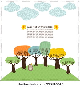 Template banner or postcard with stylized trees and a hedgehog.