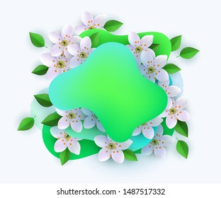 Template for banner, poster, card with green gradient abstract spots, apple tree flowers and leaves. Isolated vector illustration with green spots and flowers on white background.