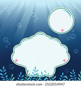 Template for banner, poster, card with sea shell and pearl underwater. Vector Illustration in flat cartoon style