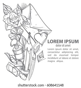 Template for banner or poster. Envelope, pencil, tube with paint and flowers contour illustration. Drawing for coloring.