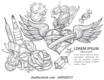 Template for banner or poster. Envelope, pencil, donuts, marker, heart with wings and flowers. Drawing for coloring.