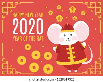 Template banner, poster, flyer image for chinese Happy new year party with rat, mice. Lunar horoscope sign mouse. Happy new year 2020. Vector illustration