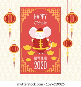 Template banner, poster, flyer image for chinese Happy new year party with rat, mice. Lunar horoscope sign mouse. Happy new year 2020. Vector illustration