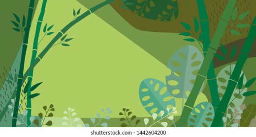 Template banner, poster, flyer in a tropical style. Monstera leaves, bamboo stalks, empty space for text. Vector image.