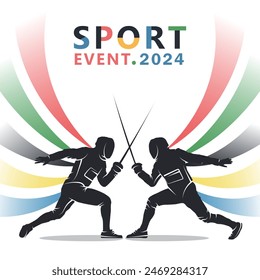 Template of banner or poster with hand drawn silhouette of two fencers engaged in a sword fight against the multicolored stripes background. Sport championship event or international contest