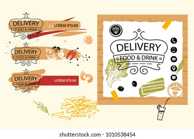 Template banner, poster, logo for food delivery service company. Homemade cuisine for home, office. One line crown with text inside food, drink delivery