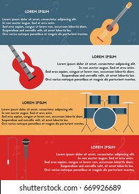 Template of banner or poster with modern open air festival or rock music concert flat design elements. Vector illustration. acoustic and electro guitar, drums, microphone.