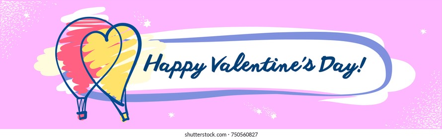 Template banner, poster, save date card for happy valentine day party. Sketch vector illustration. Two balloon with heart and text.