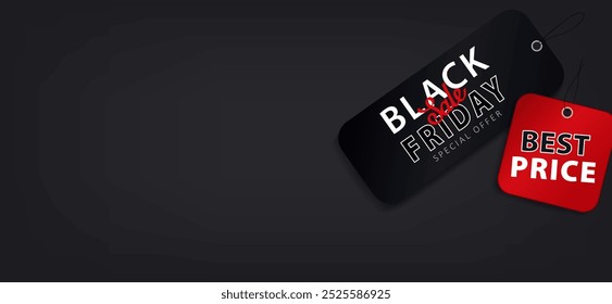Modelo de banner com etiquetas de preço pendurado em uma string no fundo preto com espaço preto para vendas de sexta-feira preta. Papel de parede com etiqueta de papel de desconto para compras. Oferta especial, até 80% de desconto