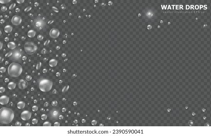 Template of banner with realistic pure water drops frame on transparent background. Wallpaper with 3d shiny dew, water blobs. Vector backdrop with rain droplets or aqua splashes and water texture