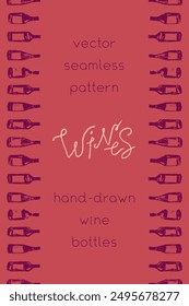 Template banner with red wine bottles pattern seamless. Hand-drawn coal sketches of red wine and white wine in vector. Winery frame design, grape alcohol pattern.