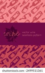 Template banner with red wine bottles pattern seamless. Hand-drawn coal sketches of red wine and white wine in vector. Winery frame design, grape alcohol pattern.
