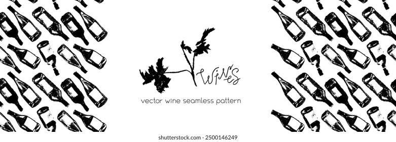 Template banner with red wine bottles pattern seamless. Hand-drawn coal sketches of red wine and white wine in vector. Winery frame design, grape alcohol pattern.