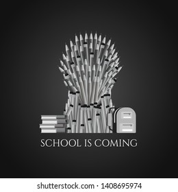 Template banner school is coming, back to school, iron throne of Westeros made of pencils. Ceremonial chair. Beautiful fantasy design element. Thrones Vector