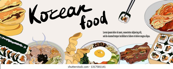 Template banner with a set of Korean dishes for websites or social network. Traditional Korean dishes bibimbap, hotteok, kimchi, oden, galbi-gui, guksu, gimbap. Vector hand drawn illustration.