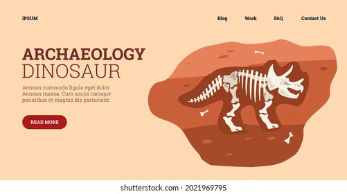 Template for banner with skeleton, bones dinosaur underground in flat cartoon style vector illustration isolated. Archaeological, palenontological finds during excavations, scientific discoveries.