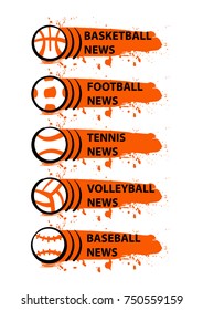 Template banner for sport news with orange spot. Ball for volleyball, football, baseball, basketball, tennis.