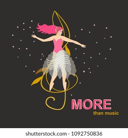 Template for banner or square invitation card. Young ballerina dancing on stylized golden treble clef on black night sky background with constellation in the shape of the heart in vector.