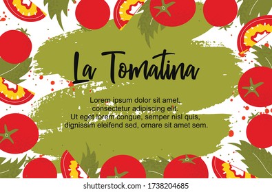 Template banner with tomato and leaf frame. La Tomatina holiday. Shop, sale, market background. Healthy food. Vector illustration 