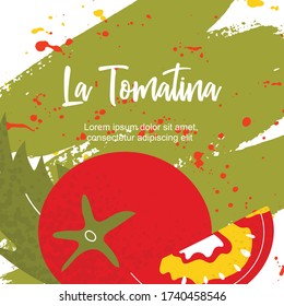 Template banner with tomato and leaf frame on paint ink. La Tomatina festival background. Healthy food. Vector illustration 