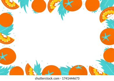 Template banner with tomato and leaf frame in modern flat style. Shop, sale, market background. Healthy food. Vector illustration 