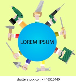 Template banner with tools for repair. Repair icon with hand tool drill and jigsaw, trowel and hammer, saw and screwdriver. Vector illustration