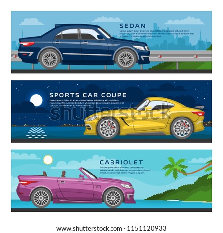 Template banner of unique concept car isolated mockup. Business sedan, sports car coupe and convertible cabriolet vehicle on a city and sea background.