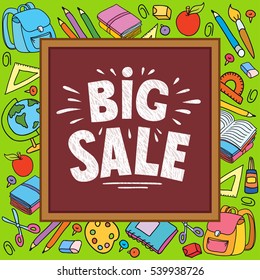 Template banner vector school tools wood board big sale illustration