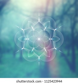 Template of banner for web and social media, square format; Spiritual sacred geometry; Yantra, chakra or lotus on psychedelic blurred background; Yoga, meditation and relax.