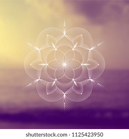 Template of banner for web and social media, square format; Spiritual sacred geometry; Yantra, chakra or lotus on psychedelic blurred background; Yoga, meditation and relax.