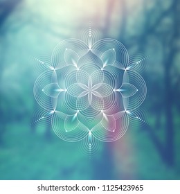 Template of banner for web and social media, square format; Spiritual sacred geometry; Yantra, chakra or lotus on psychedelic blurred background; Yoga, meditation and relax.