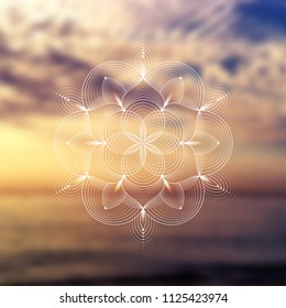 Template of banner for web and social media, square format; Spiritual sacred geometry; Yantra, chakra or lotus on psychedelic blurred background; Yoga, meditation and relax.