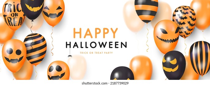 Template banner white background with 3d balloons with faces. Happy Halloween. Vector Illustration