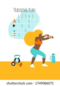 Template banner. Workout training plan and young woman doing exercises online at home. Modern flat style character. Sport hobby for healthy life. Vector Illustration