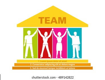 Template of banner/poster/brochure/presentation with team workers, who achieves a common goal.  Vector image with silhouettes of pyramid and teamworkers.