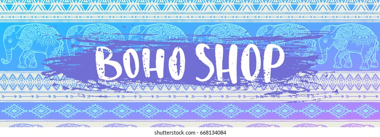 Template banners for Boho Market or Shop. Tribal elements. Vector illustration. Ethnic pattern  elephant on the background. African, indian style