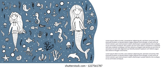 Template of banners of mermaid and sea set in doodle style. Vector illustration.