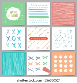 Template, Banners. Vector brush strokes, circles and arrows collection. Grunge.