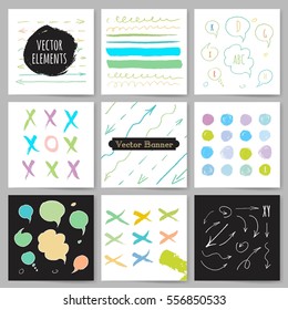 Template, Banners. Vector brush strokes, circles and arrows collection. Grunge.