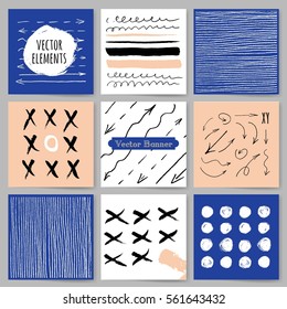 Template, Banners. Vector brush strokes, circles and arrows collection. Grunge