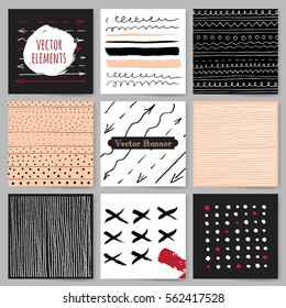 Template, Banners. Vector brush strokes, circles and arrows collection. Grunge