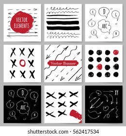 Template, Banners. Vector brush strokes, circles and arrows collection. Grunge