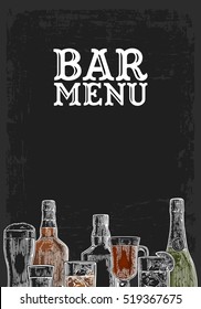 Template for Bar menu alcohol drink. Bottle and glass beer, gin, wine, whiskey, tequila. Vintage color vector engraving illustration for label, poster, invitation to party. Isolated on dark chalkboard