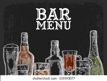 Template for Bar menu alcohol drink. Bottle and glass beer, gin, wine, whiskey, tequila. Vintage color vector engraving illustration for label, poster, invitation to party. Isolated on dark chalkboard